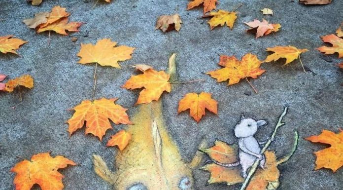 Художник малює крейдою забавних персонажів на вулицях міста.